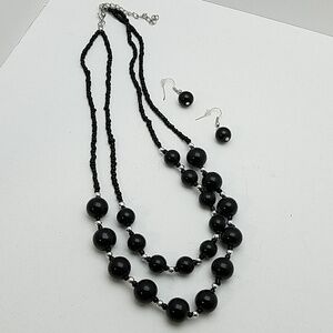 Black Beads Silver Tone 18" Necklace & Earrings